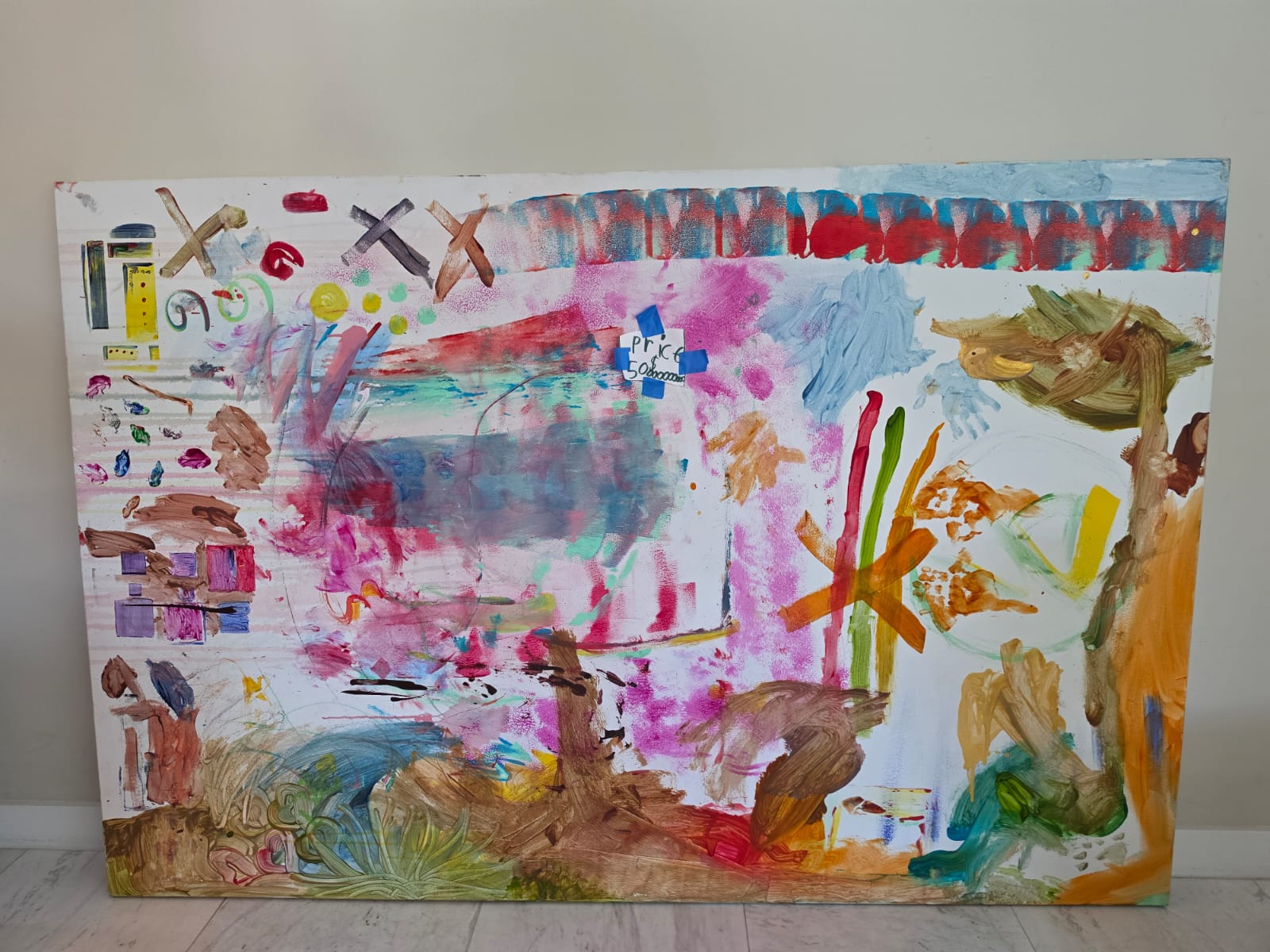 Untitled No. 1: a large abstract painting in pink, blue, ochre and green, with a hand-written price tag affixed to the canvas.